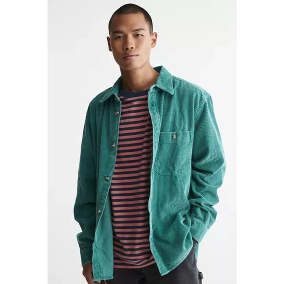 Urban Outfitters Men Turquoise Blue Big Corduroy Button Work Shirt Shacket LRG - Picture 1 of 11